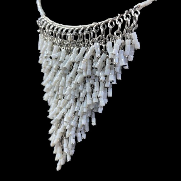 White Beaded Fringe Statement Necklace Boho Festival Tribal Inspired Jewelry 14" - Picture 4 of 6